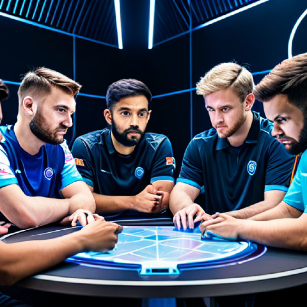 A diverse team of professional esports players in clean-cut, modest esports team jerseys, sitting around a futuristic gaming table with holographic map projections, engaged in a strategic discussion in a modern, brightly lit esports training room. Professional photography, high detail, perfect anatomy, correct proportions, natural pose, well-formed hands, proper finger count, natural body proportions, safe for work, appropriate content, fully clothed, professional.