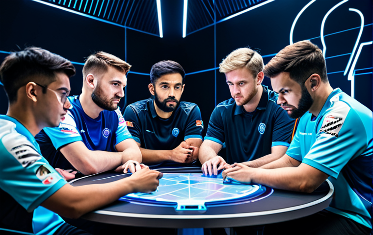 A diverse team of professional esports players in clean-cut, modest esports team jerseys, sitting around a futuristic gaming table with holographic map projections, engaged in a strategic discussion in a modern, brightly lit esports training room. Professional photography, high detail, perfect anatomy, correct proportions, natural pose, well-formed hands, proper finger count, natural body proportions, safe for work, appropriate content, fully clothed, professional.