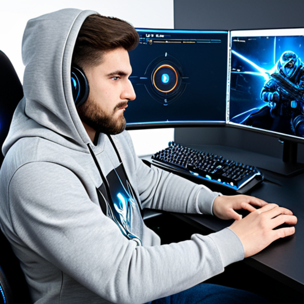 A focused individual, fully clothed in a modest, modern gaming hoodie and appropriate attire, seated comfortably in a high-tech gaming chair. The setting is a clean, well-lit gaming setup with professional peripherals. On the monitor, abstract user interface elements suggest a game's graphic settings menu, emphasizing optimization. Perfect anatomy, natural pose, correct proportions, well-formed hands, proper finger count, natural body proportions. High-quality photograph, professional studio lighting, detailed, ultra-realistic, safe for work, appropriate content, fully clothed, professional.