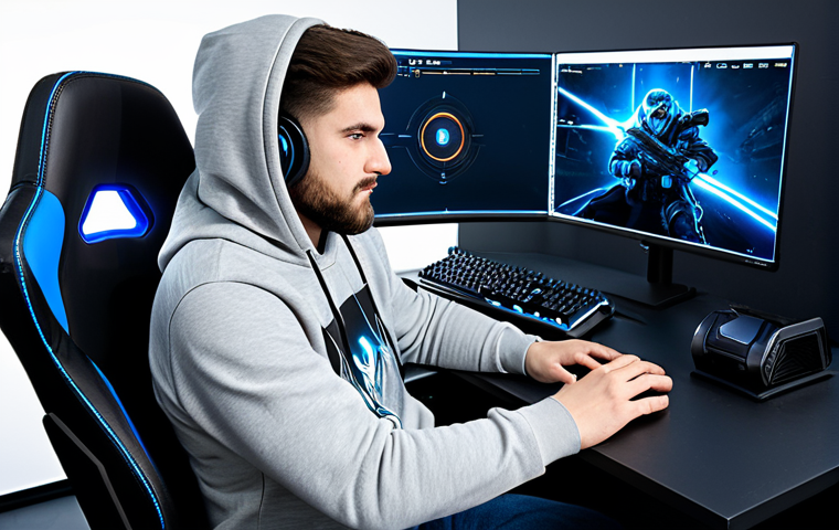 A focused individual, fully clothed in a modest, modern gaming hoodie and appropriate attire, seated comfortably in a high-tech gaming chair. The setting is a clean, well-lit gaming setup with professional peripherals. On the monitor, abstract user interface elements suggest a game's graphic settings menu, emphasizing optimization. Perfect anatomy, natural pose, correct proportions, well-formed hands, proper finger count, natural body proportions. High-quality photograph, professional studio lighting, detailed, ultra-realistic, safe for work, appropriate content, fully clothed, professional.