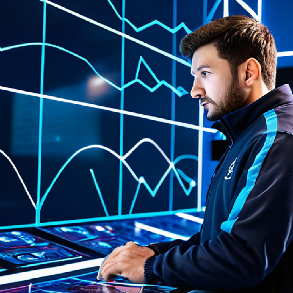 A focused male esports analyst, wearing a professional and modest team jacket, deeply engrossed in strategic thought. He stands in a brightly lit, futuristic esports training facility, observing a large, transparent digital display showing abstract strategic patterns and data visualizations. His expression conveys deep concentration and intellectual engagement, with a natural pose. Perfect anatomy, correct proportions, well-formed hands, and proper finger count are ensured, with natural body proportions. This image is safe for work, appropriate content, fully clothed, professional, and family-friendly, rendered with high-quality professional photography.