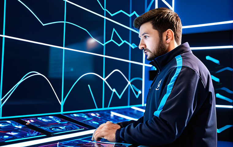A focused male esports analyst, wearing a professional and modest team jacket, deeply engrossed in strategic thought. He stands in a brightly lit, futuristic esports training facility, observing a large, transparent digital display showing abstract strategic patterns and data visualizations. His expression conveys deep concentration and intellectual engagement, with a natural pose. Perfect anatomy, correct proportions, well-formed hands, and proper finger count are ensured, with natural body proportions. This image is safe for work, appropriate content, fully clothed, professional, and family-friendly, rendered with high-quality professional photography.