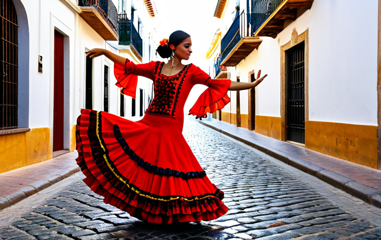 **

"A vibrant flamenco dancer in a fully clothed, traditional bata de cola dress performing on a cobblestone street in Seville, Spain. The dress is a riot of reds, yellows, and oranges. Sunlight streams down, highlighting the intricate details of the embroidery and the dancer's graceful movement. Perfect anatomy, natural proportions, safe for work, appropriate content, fully clothed, professional, high quality."

**