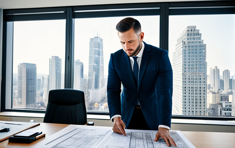 **

A skilled architect, fully clothed in professional attire, reviewing blueprints in a brightly lit, modern architectural office. Large windows reveal a cityscape in the background.  Perfect anatomy, correct proportions, well-formed hands, proper finger count, natural body proportions, safe for work, appropriate content, fully clothed, professional, modest.

**
