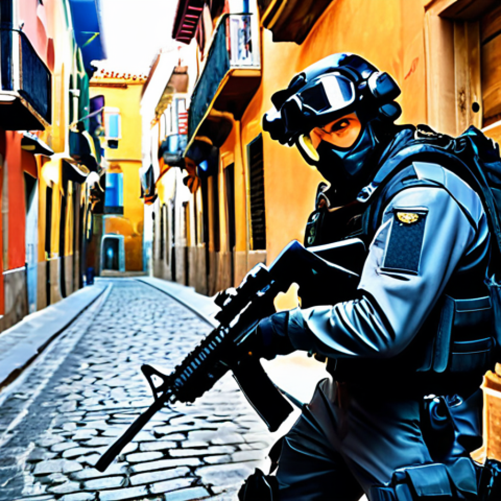 **

"A Valorant agent, fully geared and ready for action, strategically peeking around a corner on a map resembling a Spanish city street. The agent is fully clothed in tactical gear, focused expression. The background includes elements like vibrant graffiti, cobblestone streets, and traditional Spanish architecture. Safe for work, appropriate content, professional, perfect anatomy, dynamic pose, dramatic lighting."

**