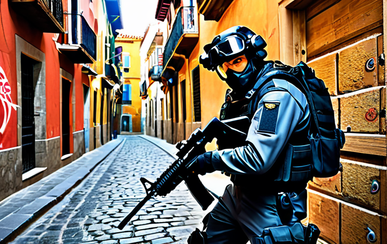 **

"A Valorant agent, fully geared and ready for action, strategically peeking around a corner on a map resembling a Spanish city street. The agent is fully clothed in tactical gear, focused expression. The background includes elements like vibrant graffiti, cobblestone streets, and traditional Spanish architecture. Safe for work, appropriate content, professional, perfect anatomy, dynamic pose, dramatic lighting."

**
