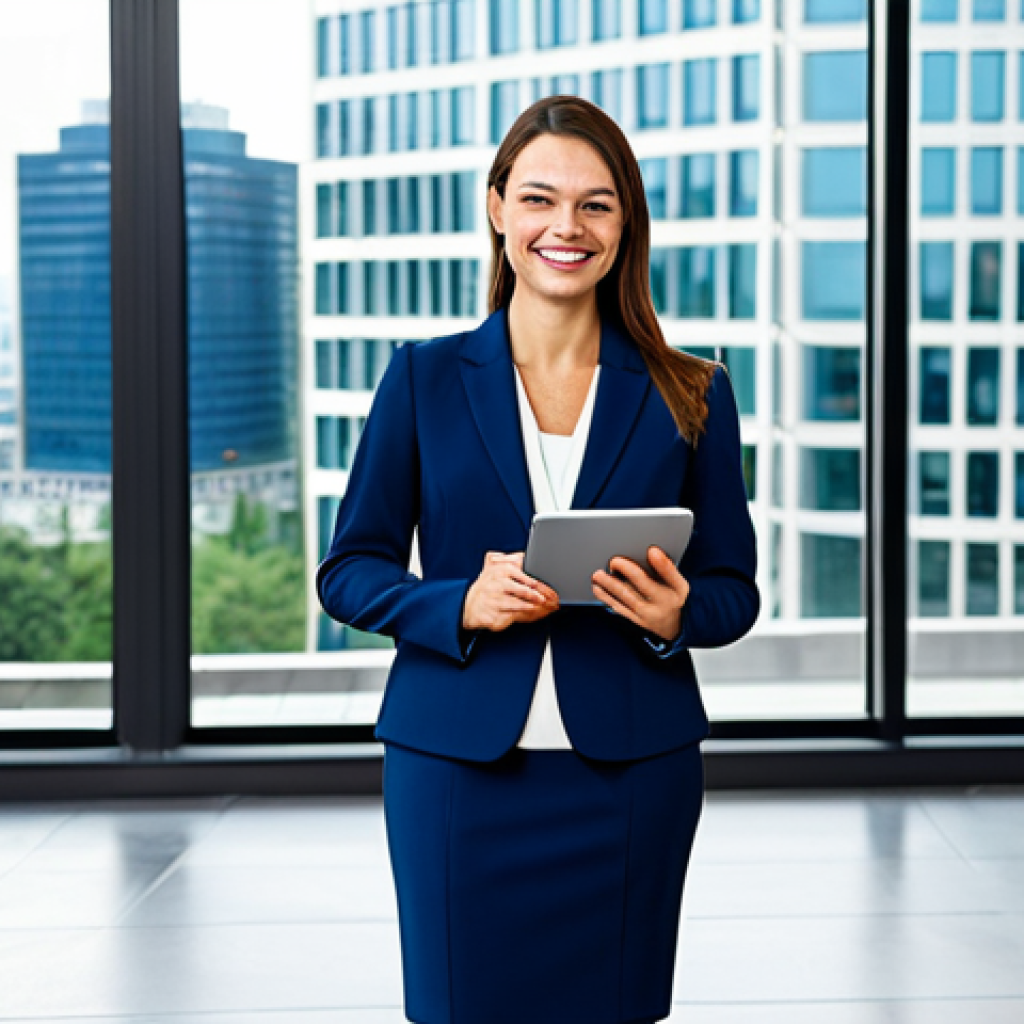 **

"A professional businesswoman wearing a modest, dark-blue business suit, standing in a bright, modern office lobby with large windows overlooking a city.  She is holding a tablet and smiling confidently. Fully clothed, appropriate attire, safe for work, perfect anatomy, natural proportions, professional photography, high quality, family-friendly."

**