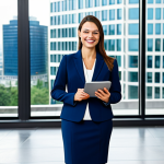 **

"A professional businesswoman wearing a modest, dark-blue business suit, standing in a bright, modern office lobby with large windows overlooking a city.  She is holding a tablet and smiling confidently. Fully clothed, appropriate attire, safe for work, perfect anatomy, natural proportions, professional photography, high quality, family-friendly."

**