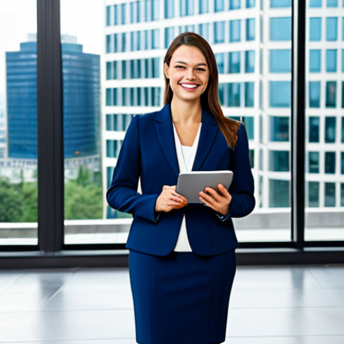 Home 28 **
"A professional businesswoman wearing a modest, dark-blue business suit, standing in a bright, modern office lobby with large windows overlooking a city. She is holding a tablet and smiling confidently. Fully clothed, appropriate attire, safe for work, perfect anatomy, natural proportions, professional photography, high quality, family-friendly."
**