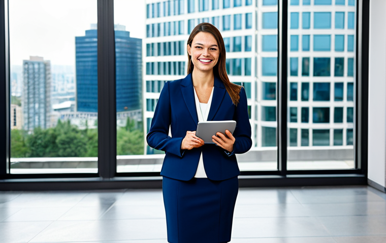 **
"A professional businesswoman wearing a modest, dark-blue business suit, standing in a bright, modern office lobby with large windows overlooking a city. She is holding a tablet and smiling confidently. Fully clothed, appropriate attire, safe for work, perfect anatomy, natural proportions, professional photography, high quality, family-friendly."
**