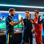 **

"A team of diverse Valorant players, fully clothed in comfortable gaming attire, high-fiving each other in a brightly lit, modern gaming room after a successful match, expressions of joy and camaraderie, safe for work, appropriate content, perfect anatomy, natural proportions, family-friendly, professional digital art, vibrant colors."

**