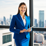 **

"A professional businesswoman in a tailored blue suit, standing in a brightly lit, modern office with large windows overlooking a cityscape. She is holding a tablet and smiling confidently. Fully clothed, appropriate attire, safe for work, perfect anatomy, natural proportions, professional photography, high quality, family-friendly."

**