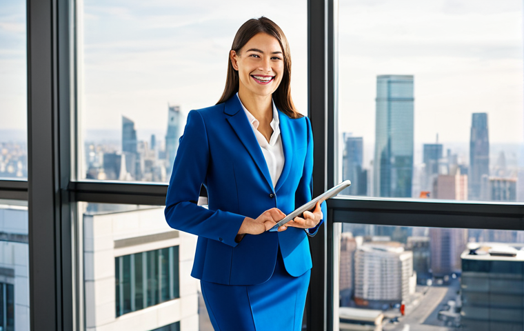 **

"A professional businesswoman in a tailored blue suit, standing in a brightly lit, modern office with large windows overlooking a cityscape. She is holding a tablet and smiling confidently. Fully clothed, appropriate attire, safe for work, perfect anatomy, natural proportions, professional photography, high quality, family-friendly."

**