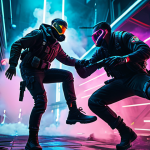 Vertical Combat Scene**

"A Valorant team fight mid-air, Jett dashing between platforms, Omen shrouded in smoke, neon lighting, dramatic perspective, cyberpunk aesthetic, high-action, digital art, safe for work, appropriate content, fully clothed, professional."

**