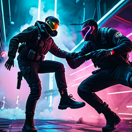 Home 12 Vertical Combat Scene**
"A Valorant team fight mid-air, Jett dashing between platforms, Omen shrouded in smoke, neon lighting, dramatic perspective, cyberpunk aesthetic, high-action, digital art, safe for work, appropriate content, fully clothed, professional."
**