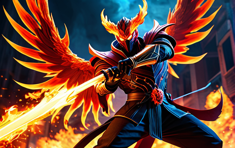 발로란트 에이전트별 추천 스킨 - **Phoenix - Oni Skin:** "Phoenix, Valorant character, wielding Oni Phantom, dynamic pose, fiery back...