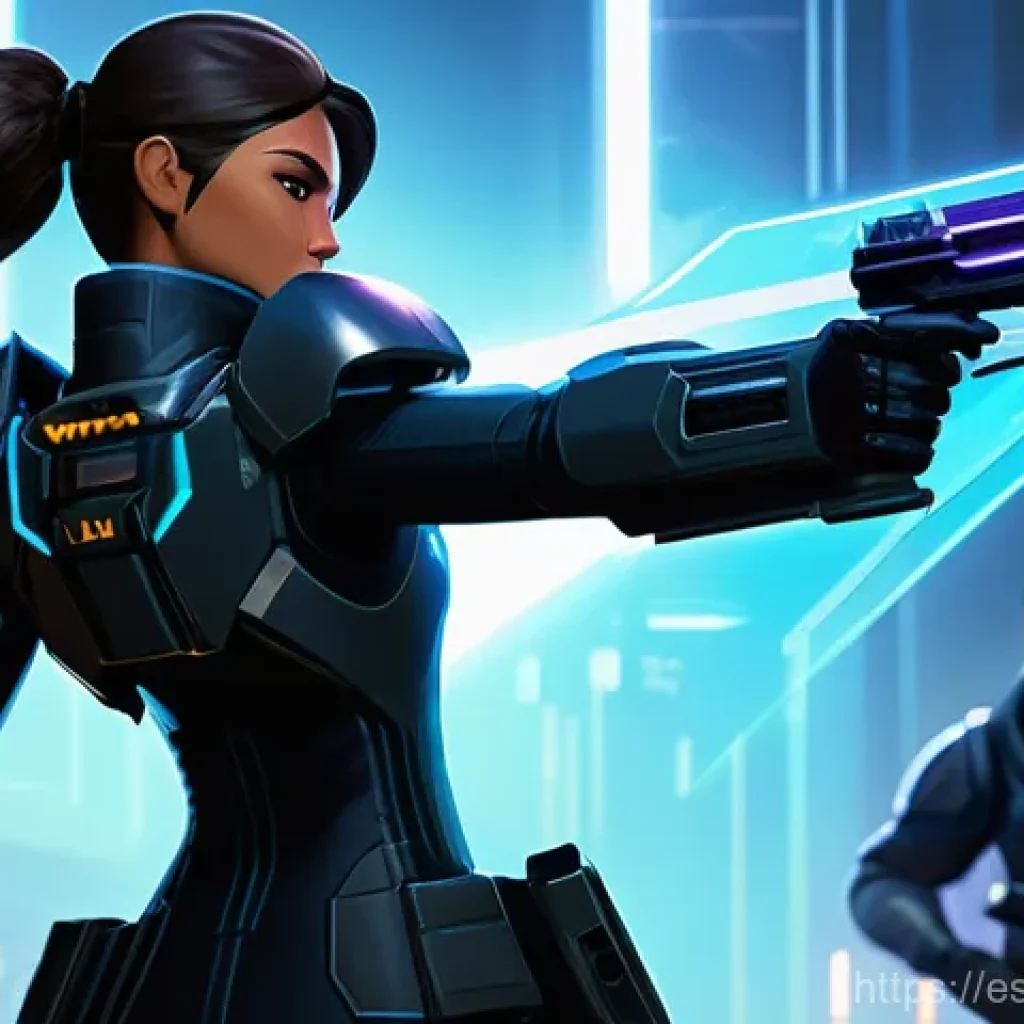 발로란트 게임 내 경제 시스템 - **Pistol Round Strategy Session**
    "A team of five diverse Valorant agents, including a poised Je...