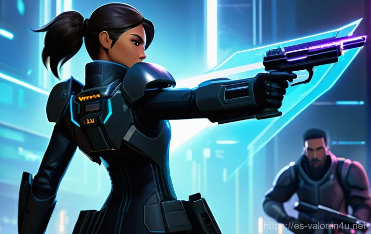 발로란트 게임 내 경제 시스템 - **Pistol Round Strategy Session**
    "A team of five diverse Valorant agents, including a poised Je...