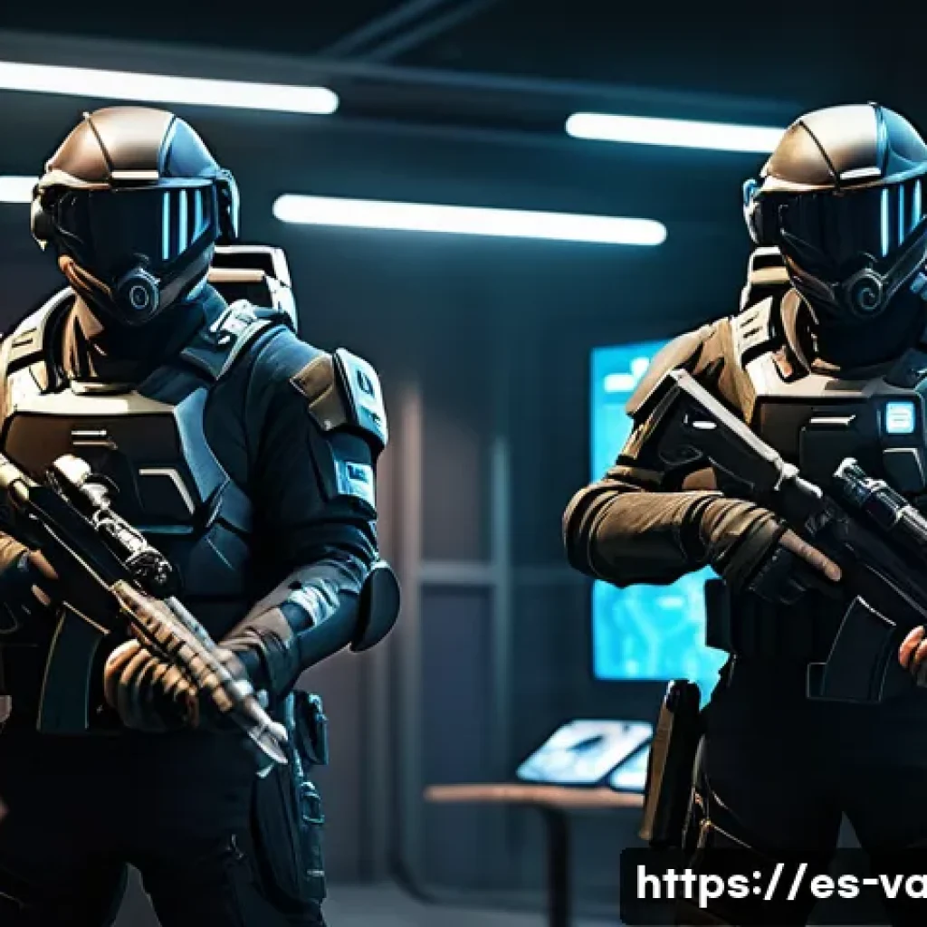 발로란트 친구와 함께하기 좋은 에이전트 - A dynamic esports team scene featuring five diverse agents from a tactical shooter game, each equipp...