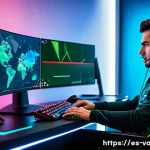 발로란트 미니맵 설정법 - A detailed, high-tech gaming setup showcasing a professional Valorant player intensely focused on op...