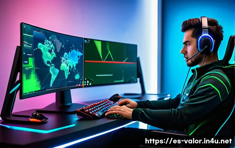 발로란트 미니맵 설정법 - A detailed, high-tech gaming setup showcasing a professional Valorant player intensely focused on op...