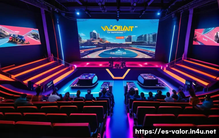 발로란트 유저 기반 콘텐츠 - A vibrant gaming community scene set in a modern esports arena in Spain, featuring diverse Spanish p...