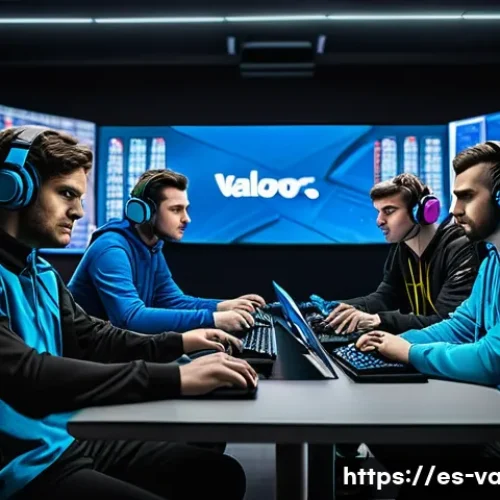발로란트 게임 내 경제 관리 - A dynamic esports team huddled around a sleek gaming table, intensely discussing economy strategies ...