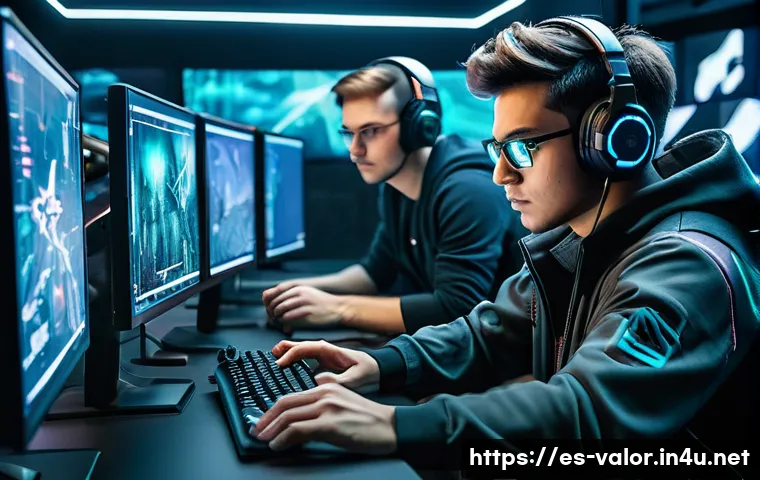 발로란트 팀 결성 방법 - A dynamic Valorant esports team in a high-tech gaming room, diverse young adults focused on their ro...