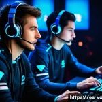 발로란트 최고의 팀워크 사례 - A high-stakes esports team in the middle of a competitive match, focused players wearing stylish, mo...