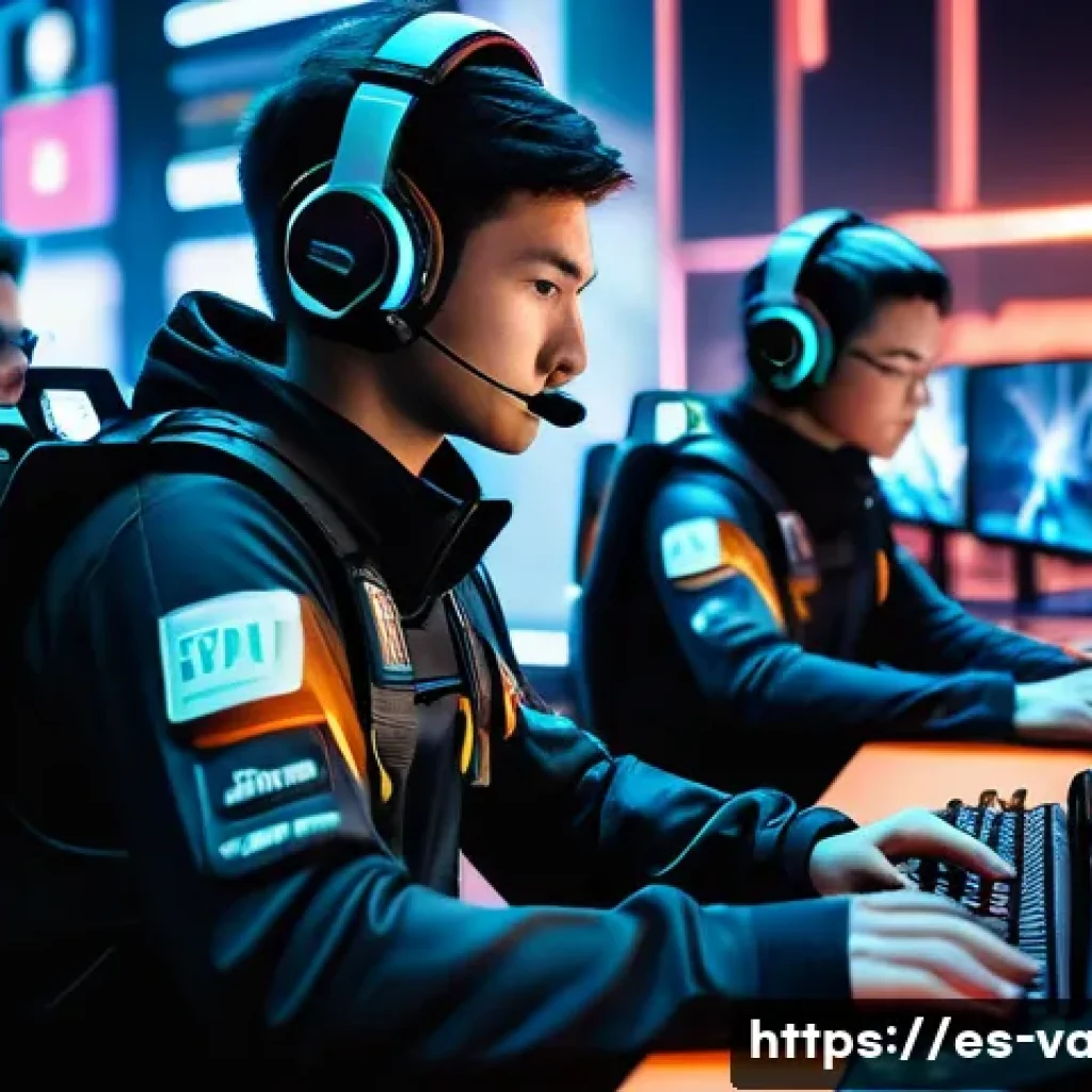 발로란트 랭크 시스템 이해 - A dynamic, high-energy esports scene featuring a diverse team of skilled Valorant players mid-match ...
