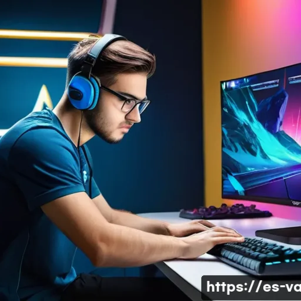 발로란트 실전 훈련 프로그램 - A focused young adult male gamer in a modern gaming room, wearing casual comfortable clothes and gla...