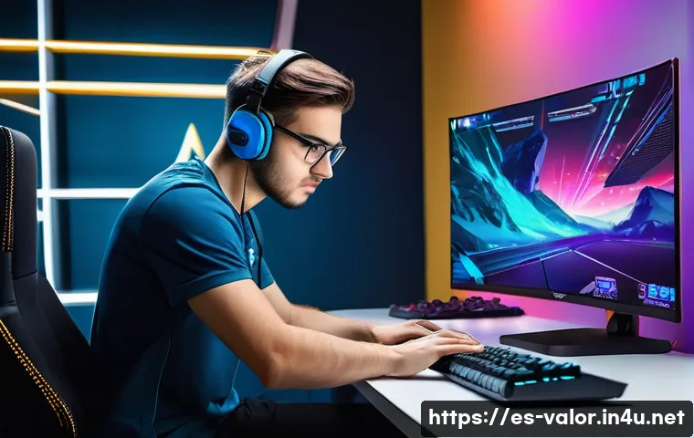 발로란트 실전 훈련 프로그램 - A focused young adult male gamer in a modern gaming room, wearing casual comfortable clothes and gla...