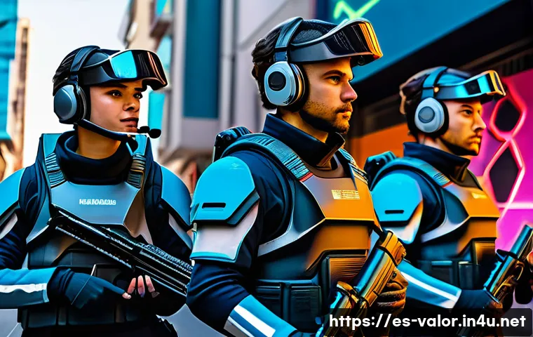 발로란트 유저 기반 콘텐츠 아이디어 - A dynamic team of four diverse Valorant players in tactical gear, communicating via headsets inside ...