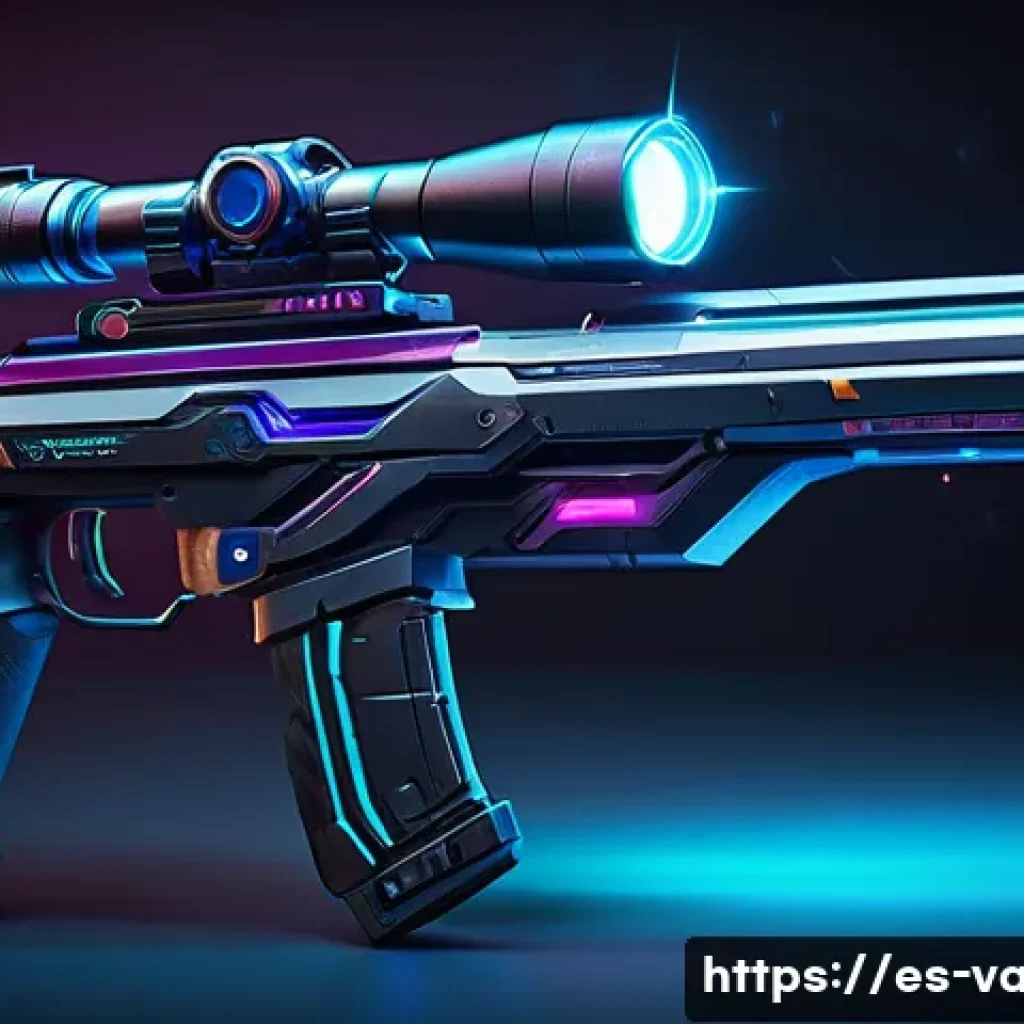 발로란트 최고 인기 스킨 트렌드 - A futuristic Valorant weapon skin with metallic surfaces and dynamic glowing LED lights that change ...