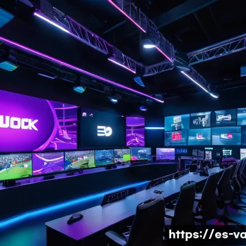 발로란트 e스포츠 경기 중계 팁 - A vibrant esports arena scene focused on a live Valorant match broadcast, showing multiple large scr...