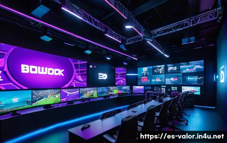 발로란트 e스포츠 경기 중계 팁 - A vibrant esports arena scene focused on a live Valorant match broadcast, showing multiple large scr...