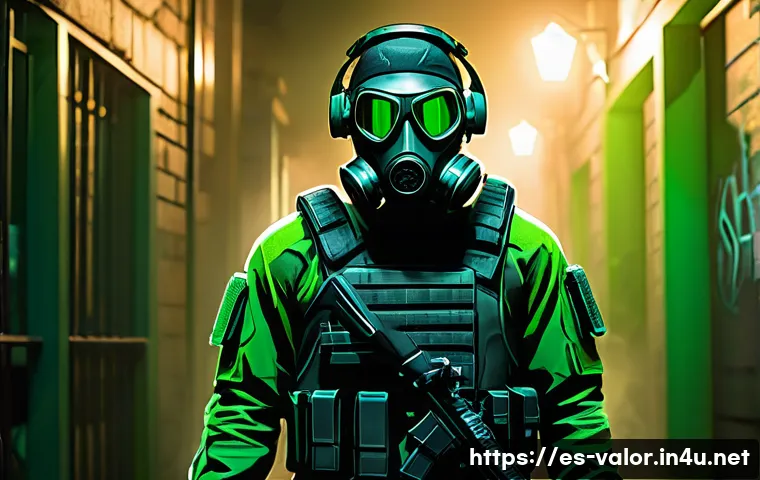 발로란트 비퍼 공략법 - A tactical scene of a Valorant agent resembling Viper, wearing sleek tactical gear and a gas mask, s...