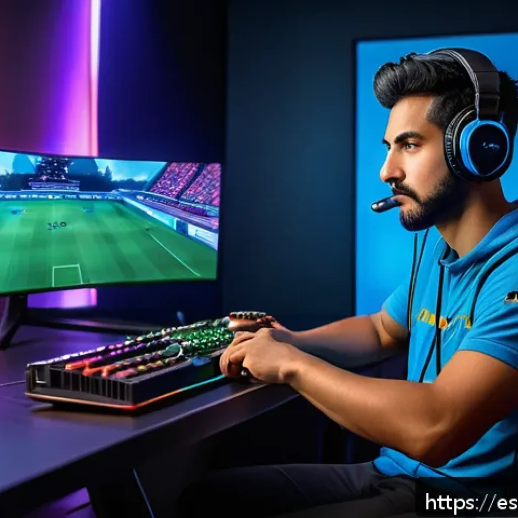 발로란트 최고의 사운드 세팅 - A professional esports gamer in a modern gaming room, intensely focused on playing Valorant with hig...
