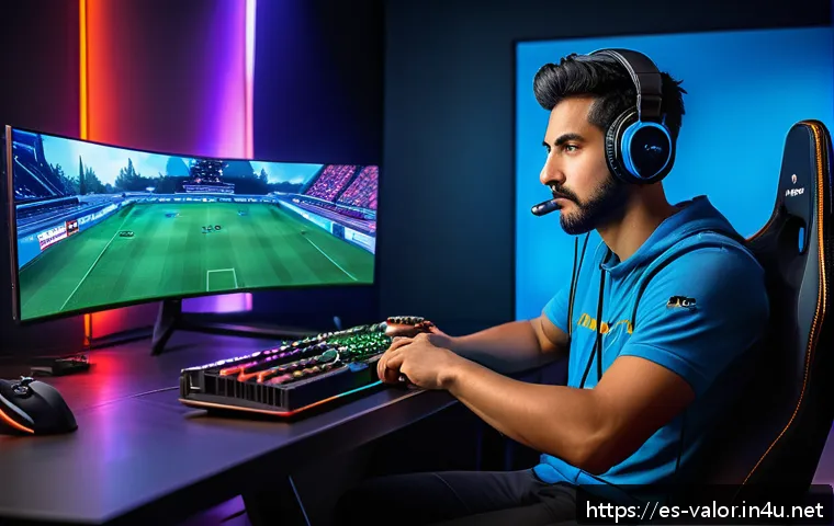 발로란트 최고의 사운드 세팅 - A professional esports gamer in a modern gaming room, intensely focused on playing Valorant with hig...