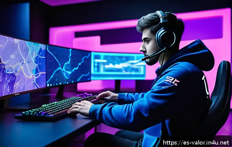 발로란트 경기 리플레이 분석 - A dynamic esports gaming scene featuring a skilled Valorant player analyzing a digital map on a futu...
