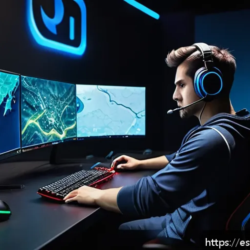 발로란트 새로운 팁과 트릭 - A professional esports player in a sleek gaming setup, wearing comfortable gaming attire with a head...