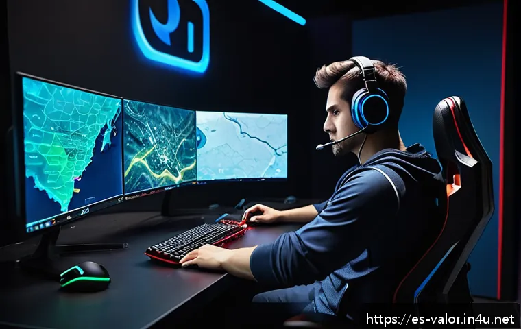 발로란트 새로운 팁과 트릭 - A professional esports player in a sleek gaming setup, wearing comfortable gaming attire with a head...