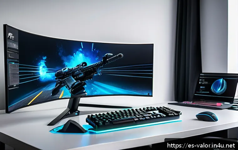 발로란트 레벨업 빠른 방법 - A high-tech gaming setup in a modern room designed for competitive FPS gaming, featuring a sleek 240...