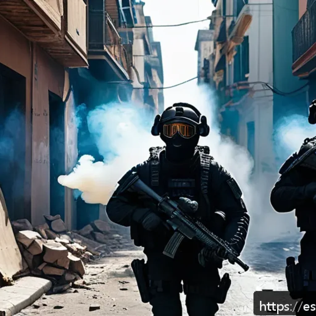 발로란트 맵 포지셔닝 전략 - A tactical first-person shooter scene focusing on a team coordinating an entry into a contested urba...