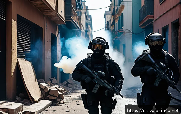 발로란트 맵 포지셔닝 전략 - A tactical first-person shooter scene focusing on a team coordinating an entry into a contested urba...