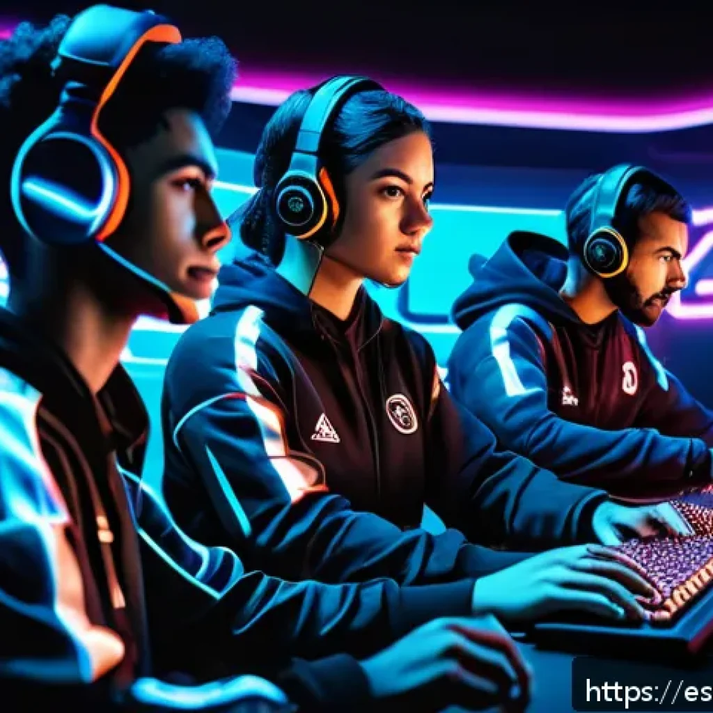 발로란트 콘텐츠 제작의 팁 - A dynamic and vibrant Valorant esports scene illustration showing a diverse group of players segment...