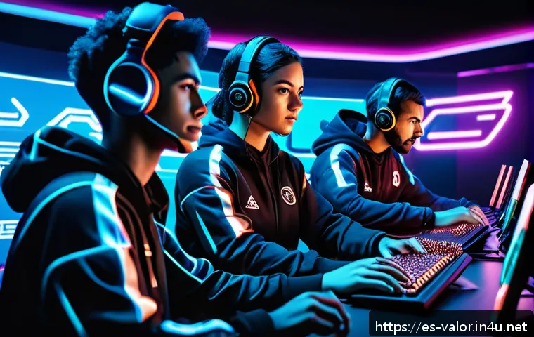 발로란트 콘텐츠 제작의 팁 - A dynamic and vibrant Valorant esports scene illustration showing a diverse group of players segment...