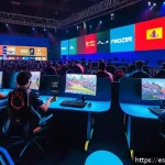 발로란트 유저 경험 콘텐츠 제작 - A vibrant esports tournament scene set in a modern Mexican gaming arena filled with enthusiastic div...