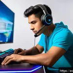 발로란트 최고 효율의 전략 - A focused young Hispanic male gamer sitting at a modern ergonomic gaming desk setup in a bright, wel...