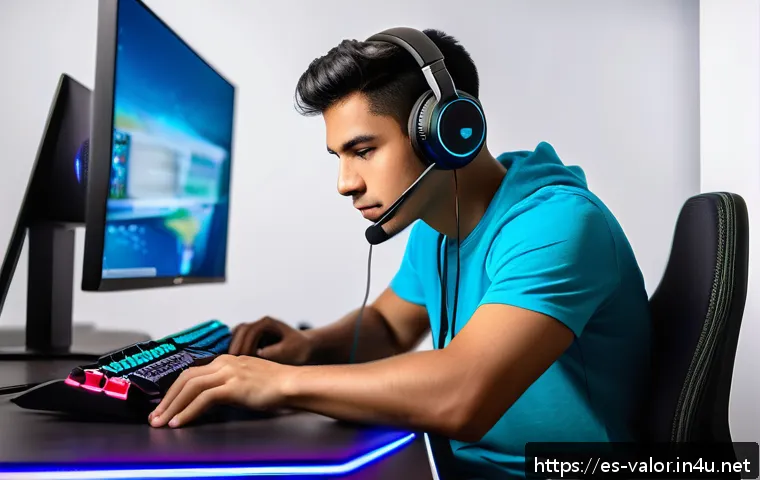 발로란트 최고 효율의 전략 - A focused young Hispanic male gamer sitting at a modern ergonomic gaming desk setup in a bright, wel...